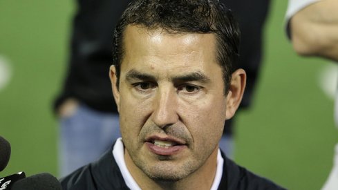 Luke Fickell talks to reporters, but not about the Cincinnati job or hiring Kerry Coombs.