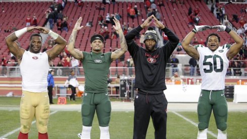 Carlos Hyde, Jalin Marshall, Curtis Grant an Darron Lee rock an O–H–I–O after 49ers–Jets game Sunday.