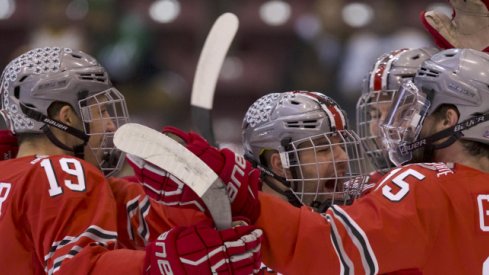 Ohio State men's hockey celebrates in an 8-3 win over Minnesota.