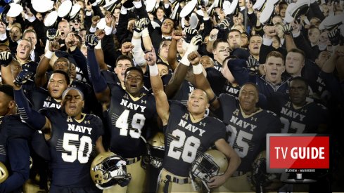 Oct 8, 2016; Annapolis, MD, USA; Navy Midshipmen celebrate on the field after defeating the Houston Cougars 46-40 at Navy Marine Corps Memorial Stadium. Mandatory Credit: Tommy Gilligan-USA TODAY Sports