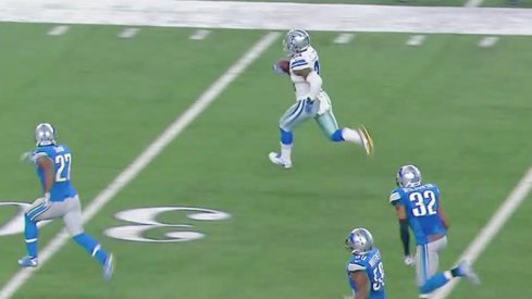 Former Ohio State star Ezekiel Elliott runs 55 yards for a touchdown against the Detroit Lions.