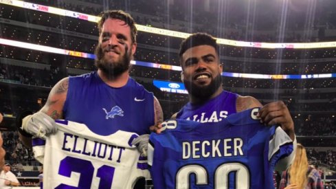 Former Ohio State stars Ezekiel Elliott and Taylor Decker swapped jerseys after playing on Monday Night Football.