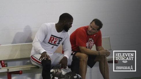 Tim Beck and J.T. Barrett discuss strategy during a practice at Ohio State.