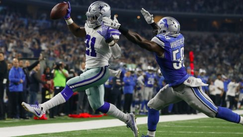 Former Ohio State great Ezekiel Elliott glides into the end zone against the Detroit Lions.