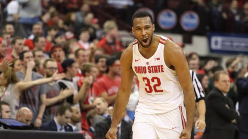 Ohio State center Trevor Thompson celebrates a block against Michigan State.