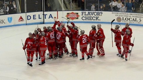 Ohio State Men's Hockey celebrates after stunning No. 1 Penn State