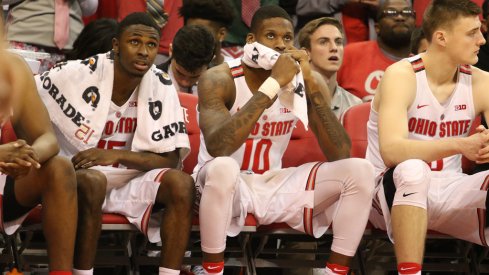 Kam Williams, Dave Bell and Micah Potter on the bench during Ohio State's loss to Northwestern.