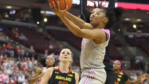 Kelsey Mitchell scores a contested layup against Maryland.