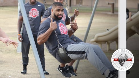 Ohio State linebacker Chris Worley rides a swing for the February 24th 2017 Skull Session