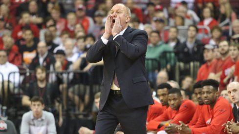 Ohio State head coach Thad Matta screams on the sidelines. 