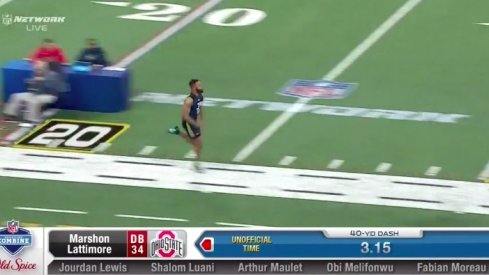 Marshon Lattimore runs an unofficial 4.36 40-yard dash at the NFL Combine.