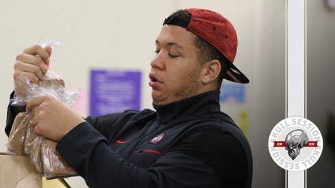 Ohio State offensive lineman Matthew Burrell bags some bread for the March 9th 2017 Skull Session