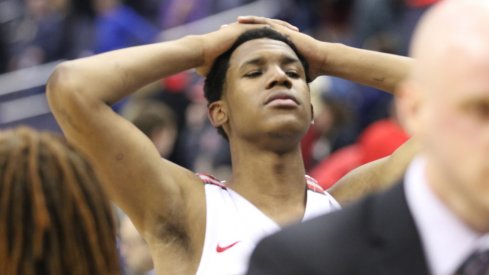 C.J. Jackson puts his hands on his head after Ohio State's loss to Rutgers.