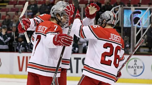 The Buckeyes celebrate their B1G quarterfinal win over the Spartans.