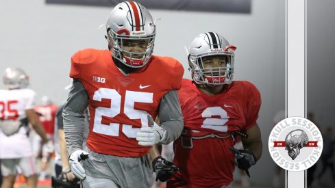 Ohio State running backs Mike Weber and J.K. Dobbins jog to the March 22nd 2017 Skull Session.