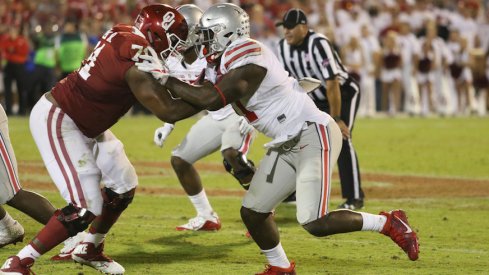 Oklahoma right tackle Bobby Evans goes up against Ohio State defensive end Jalyn Holmes during the 2016 game between the two teams in Norman.