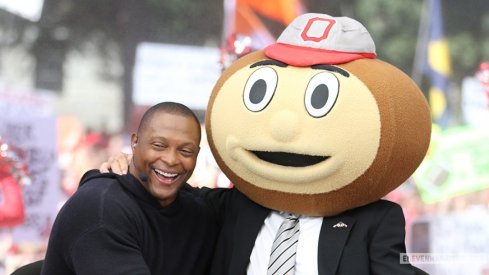 Eddie George, ESPN's guest picker, with Lee Corso on the set of College GameDay.