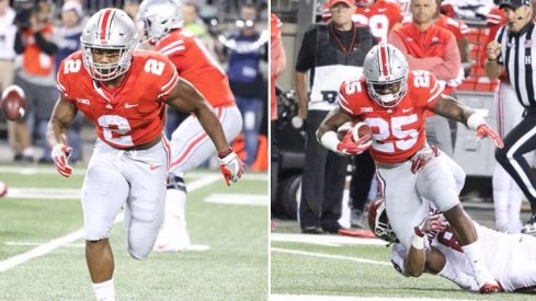 J.K. Dobbins and Mike Weber accounted for five carries in the 1st half against Oklahoma. 