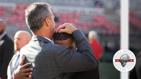 Urban Meyer hugs J.K. Dobbins for the September 14 2017 Skull Session