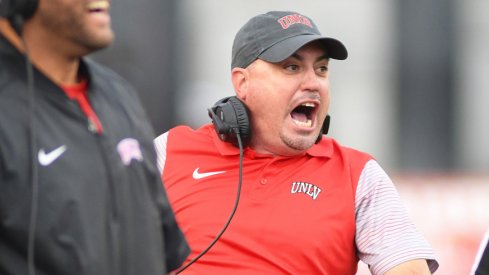 Nov 12, 2016; Las Vegas, NV, USA; UNLV Rebels head coach Tony Sanchez reacts to a play during a game against the Wyoming Cowboys at Sam Boyd Stadium. UNLV won the game in the third overtime 69-66. Mandatory Credit: Stephen R. Sylvanie-USA TODAY Sports