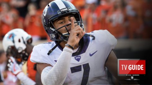 Sep 23, 2017; Stillwater, OK, USA; TCU Horned Frogs quarterback Kenny Hill (7) reacts after a touchdown during the second half against the Oklahoma State Cowboys at Boone Pickens Stadium. Mandatory Credit: Rob Ferguson-USA TODAY Sports