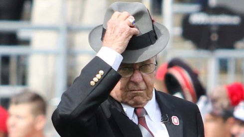 Earle Bruce dotted the 'i' during Script Ohio before Ohio State's game against Rutgers in 2016.