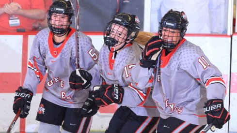 Ohio State's top line of Charly Dahlquist, Tatum Skaggs, and Emma Maltais is all smiles after torching Minnesota.