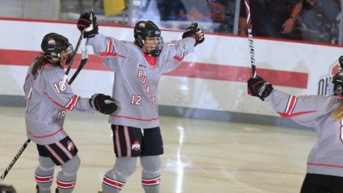 Ohio State's Maddy Field celebrates a goal with teammate Julianna Iafallo. 