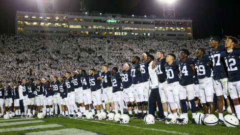 Oct 21, 2017; University Park, PA, USA; Penn State Nittany Lions players sing the alma-mater following the competition of the game against the Michigan Wolverines at Beaver Stadium. Penn State defeated Michigan 42-13. Mandatory Credit: 