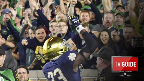 Oct 21, 2017; South Bend, IN, USA; Notre Dame Fighting Irish running back Josh Adams (33) celebrates after a touchdown in the third quarter against the USC Trojans at Notre Dame Stadium. Mandatory Credit: Matt Cashore-USA TODAY Sports