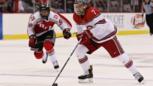 Ohio State's Wyatt Ege carries the puck.