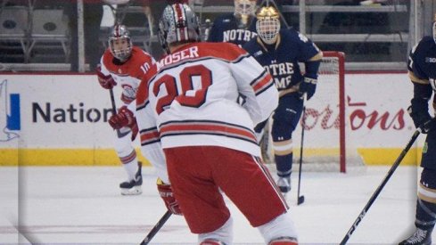 Buckeye defenseman Janik Moser scored for Ohio State against Notre Dame.