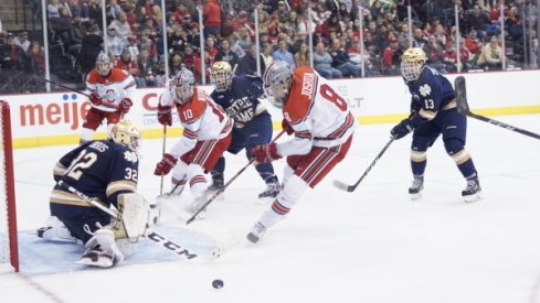 Ohio State and Notre Dame men's hockey engage in a Big Ten battle at the Schottenstein Center in Columbus, Ohio. 