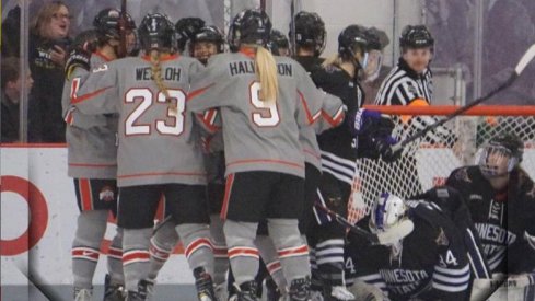 Ohio State women's hockey celebrates a goal against Minnesota State.