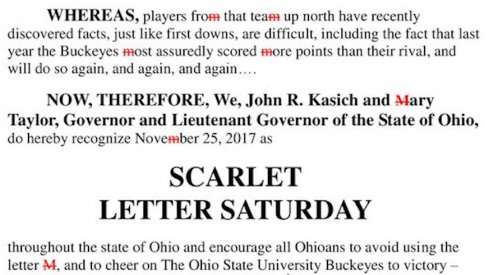 Ohio Gov. John Kasich and Lt. Gov Mary Taylor released their annual Scarlet Letter Saturday proclamation on Saturday.