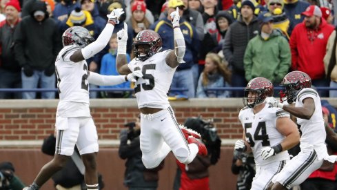 Nov 25, 2017; Ann Arbor, MI, USA; Ohio State Buckeyes running back Mike Weber (25) celebrates with wide receiver Parris Campbell (21) after his touchdown during the second half of Ohio State's 31-20 win over Michigan at Michigan Stadium. Mandatory Credit: Winslow Townson-USA TODAY Sports