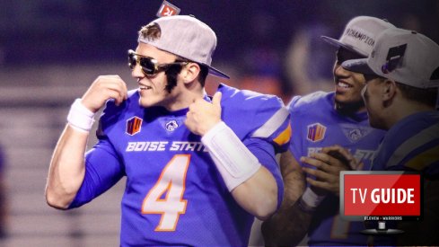 Dec 2, 2017; Boise, ID, USA; Boise State Broncos quarterback Brett Rypien (4) dons a pair of Elvis glasses after the Mountain West championship game against Fresno State Bulldogs at Albertsons Stadium. Boise State defeats Fresno State 17-14. Mandatory Credit: Brian Losness-USA TODAY Sports