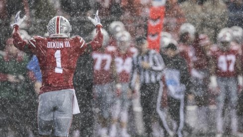 Nov 18, 2017; Columbus, OH, USA; Ohio State Buckeyes wide receiver Johnnie Dixon (1) celebrates at the end of the game against the Illinois Fighting Illini at Ohio Stadium. Mandatory Credit: Greg Bartram-USA TODAY Sports