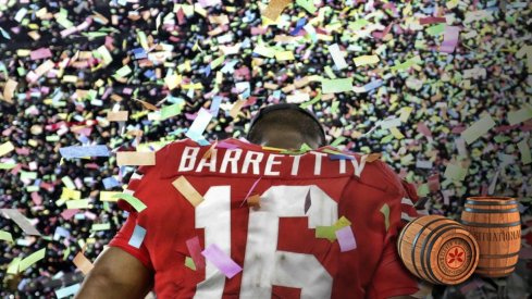 Dec 29, 2017; Arlington, TX, USA; Ohio State Buckeyes quarterback J.T. Barrett (16) celebrates after the game against the USC Trojans in the 2017 Cotton Bowl at AT&T Stadium. Mandatory Credit: Kevin Jairaj-USA TODAY Sports