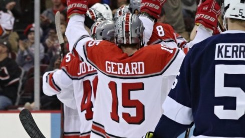 Ohio State's Freddy Gerard celebrates a goal against Penn State.