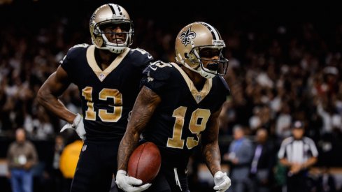 Ted Ginn (19) celebrates with Michael Thomas (13) after scoring a touchdown for the New Orleans Saints this past season.