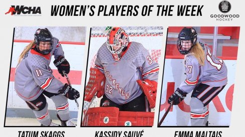 Ohio State's Tatum Skaggs, Kassidy Sauve, and Emma Maltais make it a Buckeye sweep of the weekly WCHA awards.