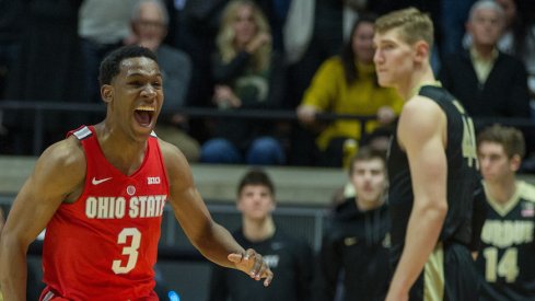 C.J. Jackson celebrates after the Buckeyes' 64-63 win over Purdue.