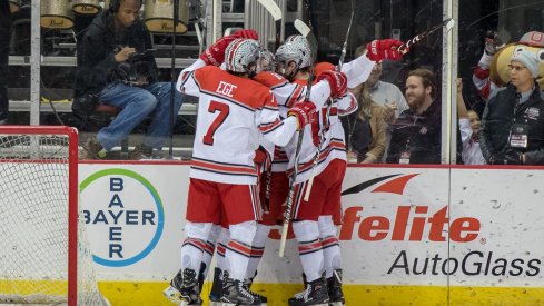 Wyatt Ege and the Buckeyes celebrate a goal against the Michigan State Spartans.