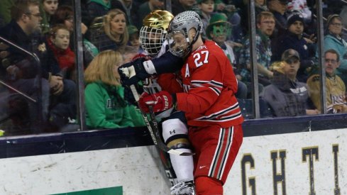 Buckeye forward Luke Stork plasters the glass with an Irish skater.