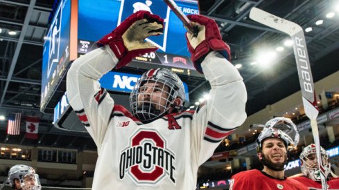 Buckeye defenseman Sasha Larocque celebrates Ohio State's second ever trip to the Frozen Four.