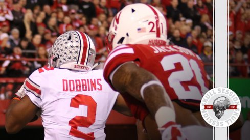 J.K. Dobbins runs away from the April 7 2018 Skull Session