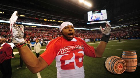 Dec 2, 2017; Indianapolis, IN, USA;Ohio State Buckeyes running back Antonio Williams (26) celebrates their win against the Wisconsin Badgers, 27-21 in the Big Ten championship game at Lucas Oil Stadium. Mandatory Credit: Thomas J. Russo-USA TODAY Sports