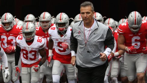 Urban Meyer and the Buckeyes at the start of the 2017 spring game.