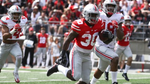 Demario McCall runs the ball in Ohio State's 2017 spring game.